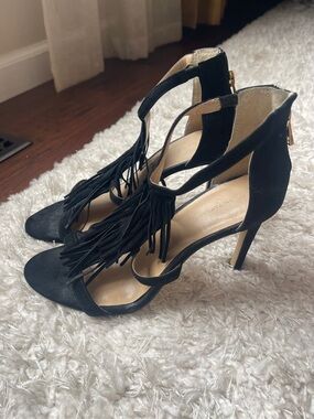 Ann Taylor Black Suede Fringe Heeled Sandal